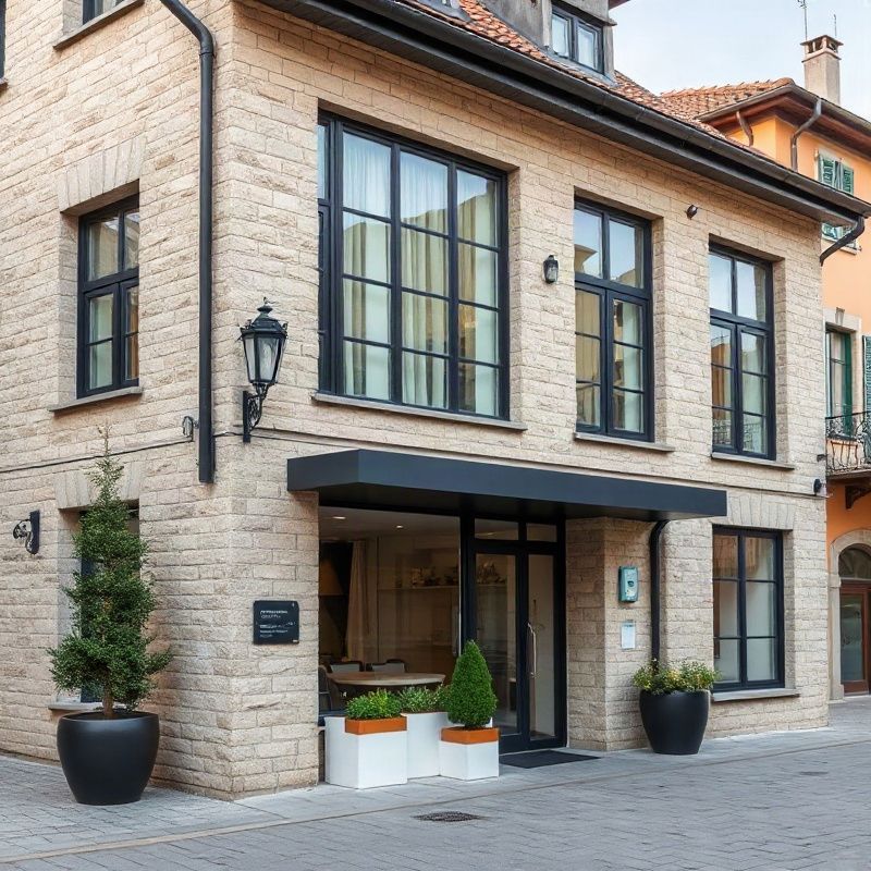 Exterior of a stone-and-glass professional office in a historic Slovenian town