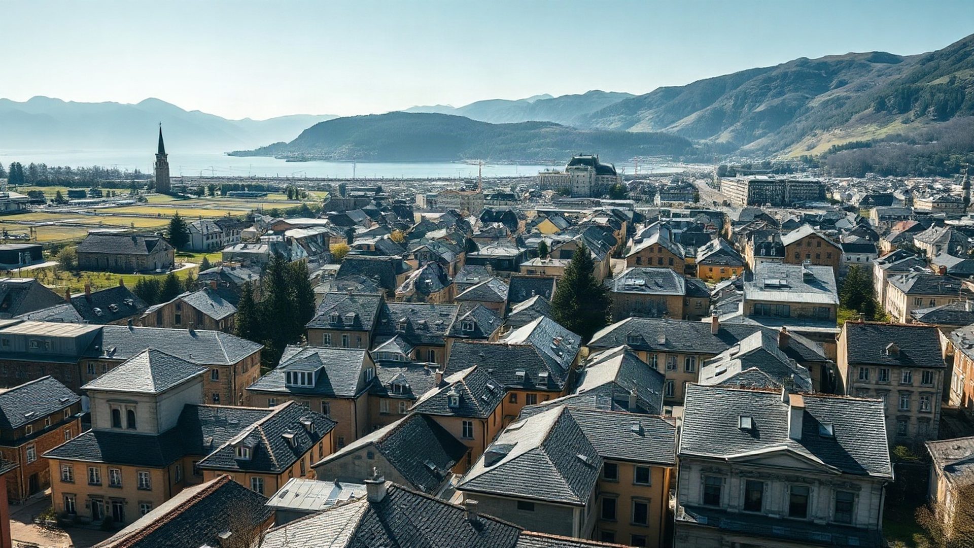 Aerial view of a modern European city in slate tones