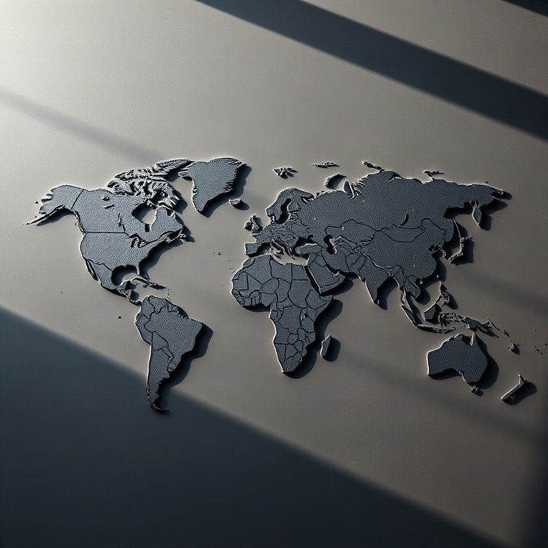World map etched in slate and silver with jurisdiction markers